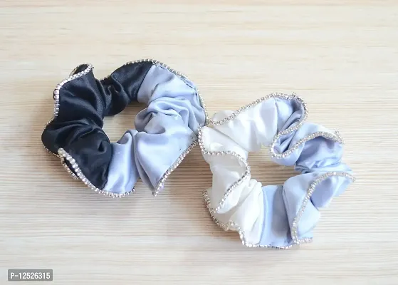 Pretty Ponytails Satin Silk Scrunchies for Women Large Hair Tie with diamond stones for Women or Girls Anti-Hair-Breakage Hair Ties Scrunchies Set for Girls-thumb2