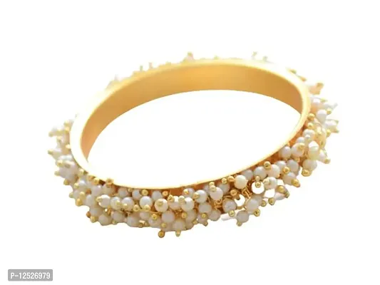 Pretty Ponytails Premium Traditional Gold and Pearl Broad Bangle Kada for Women for Weddings Festivals-thumb0