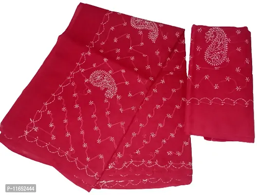RED Pure Cotton Chikankari Embroidered Saree-thumb0
