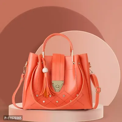 Stylish Orange PU Self Pattern Handbags For Women-thumb0