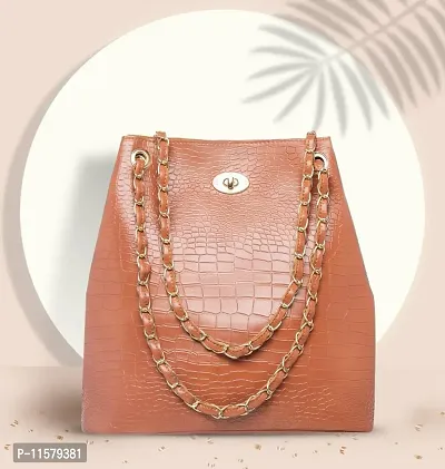 Stylish Tan PU Self Pattern Handbags For Women-thumb0