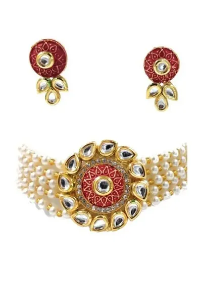 Fashionable Alloy Beads Pearl Kundan Choker Jewellery Sets