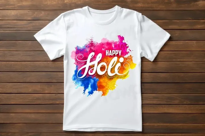 Holi Printed White Cotton Blend Round Neck T-Shirt For Men