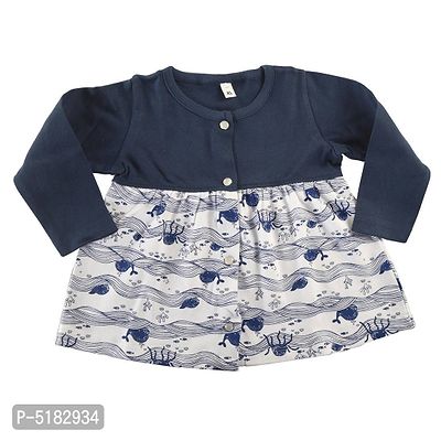 Navy Blue and White Front Tich Buttoned Printed Frock Cum Top  For Baby Girls