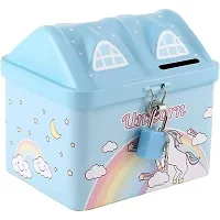 KRISHNA YASIS Any One Unicorn Piggy Bank for Girls Kids with Lock and Key | House Shape Metal Coin Bank-thumb1