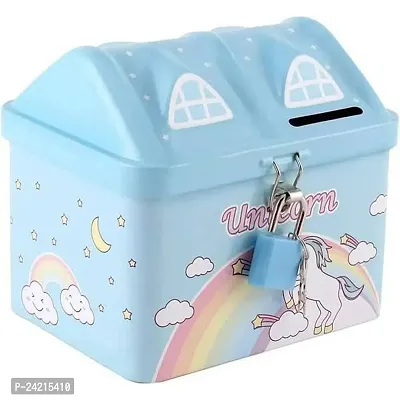 KRISHNA YASIS Any One Unicorn Piggy Bank for Girls Kids with Lock and Key | House Shape Metal Coin Bank-thumb2