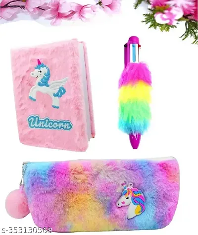 KRISHNA YASIS Stationery Gift Set Of Unicorn Fur Dairy, Unicorn Fur Pouch, 6 in 1 Fur Pen For Kids Stylish Soft Fur Pencil Case With Fur Dairy and Fur Pen Best For Birthday Gift and Return Gift