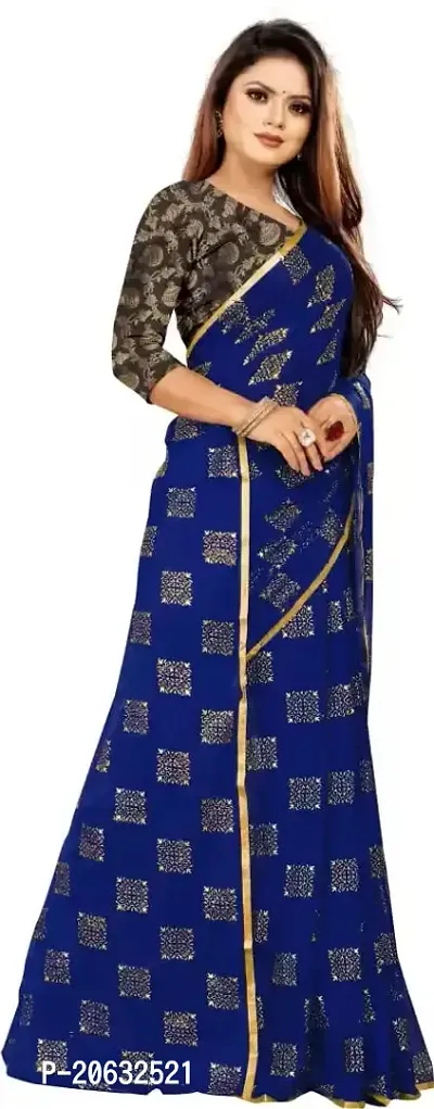 FASHIONLUST Women's NAZNEEN FOIL PRINT WORK Saree With JACQUARD work Blouse Piece NAVY-thumb2