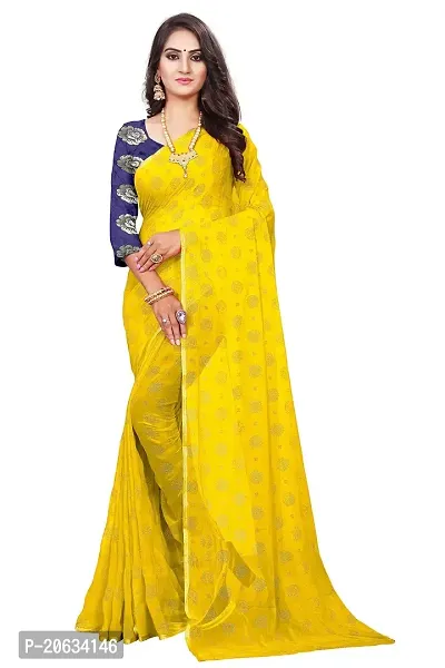 FASHIONLUST Women's NAZNEEN FOIL PRINT WORK Saree With JACQUARD work Blouse Piece YELLOW