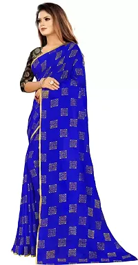 FASHIONLUST Women's NAZNEEN FOIL PRINT WORK Saree With JACQUARD work Blouse Piece BLUE-thumb2