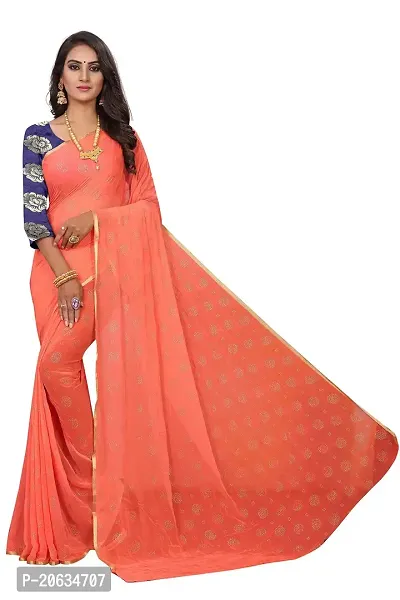 FASHIONLUST Women's NAZNEEN FOIL PRINT WORK Saree With JACQUARD work Blouse Piece PEACH-thumb2