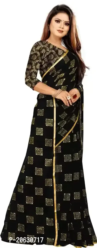 FASHIONLUST Women's NAZNEEN FOIL PRINT WORK Saree With JACQUARD work Blouse Piece BLACK-thumb2