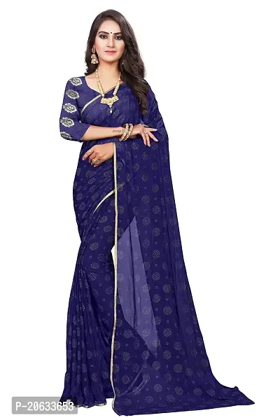 FASHIONLUST Women's NAZNEEN FOIL PRINT WORK Saree With JACQUARD work Blouse Piece NAVY BLUE