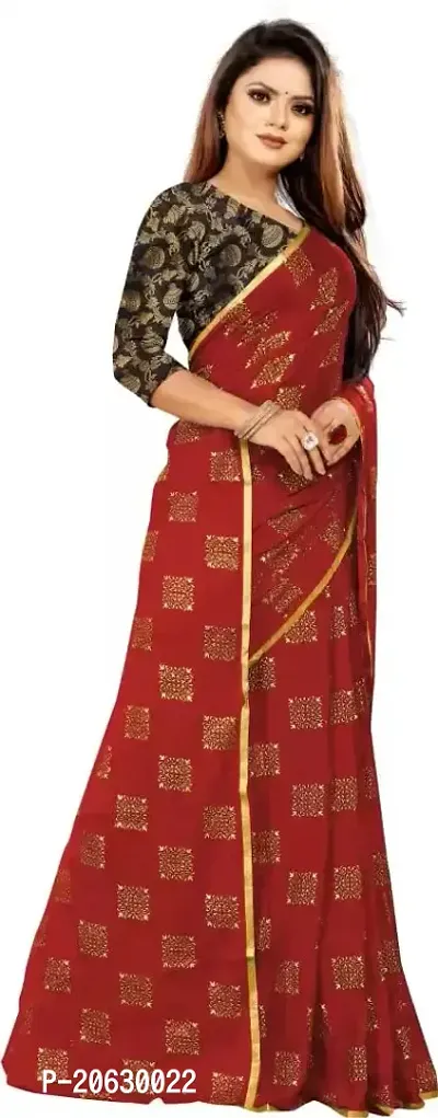 FASHIONLUST Women's NAZNEEN FOIL PRINT WORK Saree With JACQUARD work Blouse Piece (RED)-thumb2