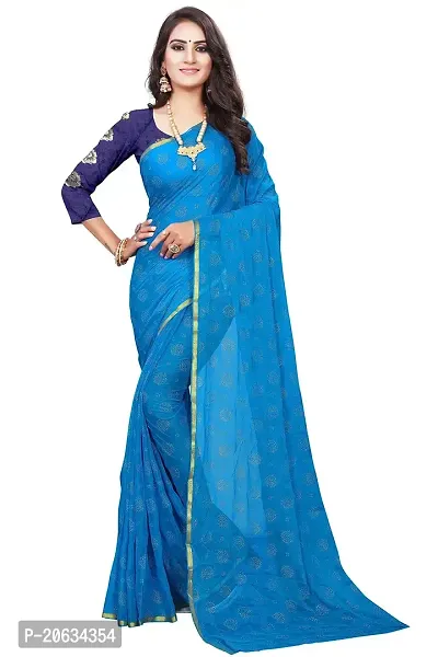 FASHIONLUST Women's NAZNEEN FOIL PRINT WORK Saree With JACQUARD work Blouse Piece SKY BLUE