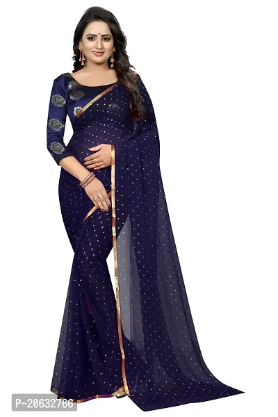 FASHIONLUST Women's NAZNEEN FOIL PRINT WORK Saree With JACQUARD work Blouse Piece NavyBlue