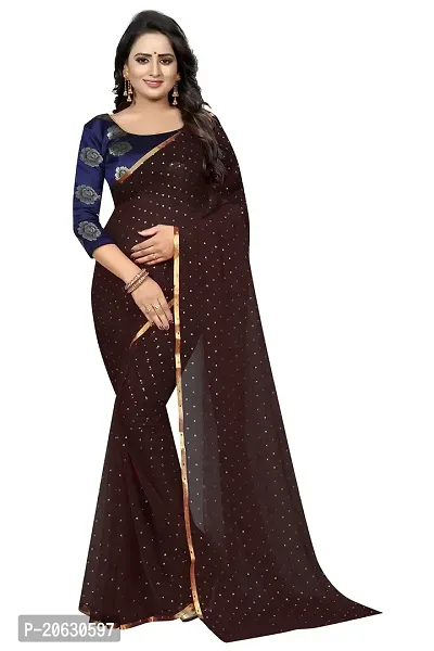 FASHIONLUST Women's NAZNEEN FOIL PRINT WORK Saree With JACQUARD work Blouse Piece Brown-thumb0