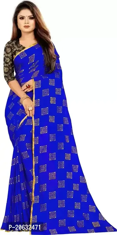 FASHIONLUST Women's NAZNEEN FOIL PRINT WORK Saree With JACQUARD work Blouse Piece BLUE