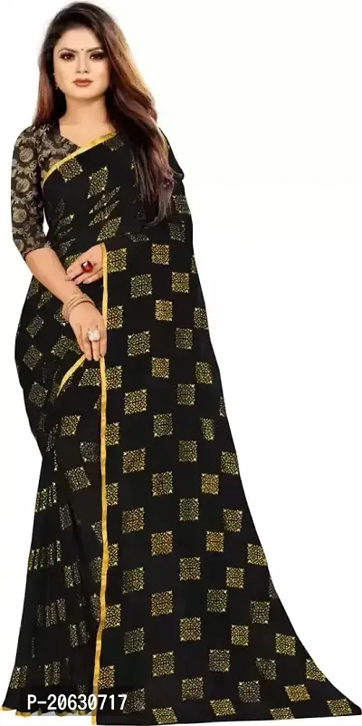 FASHIONLUST Women's NAZNEEN FOIL PRINT WORK Saree With JACQUARD work Blouse Piece BLACK-thumb0