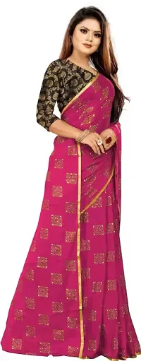 FASHIONLUST Women's NAZNEEN FOIL PRINT WORK Saree With JACQUARD work Blouse Piece PINK-thumb1