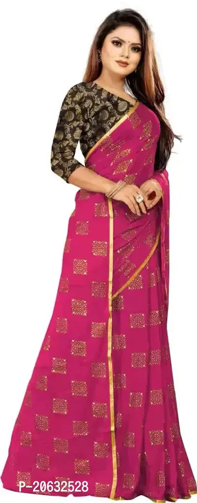 FASHIONLUST Women's NAZNEEN FOIL PRINT WORK Saree With JACQUARD work Blouse Piece PINK-thumb2