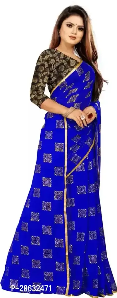 FASHIONLUST Women's NAZNEEN FOIL PRINT WORK Saree With JACQUARD work Blouse Piece BLUE-thumb2