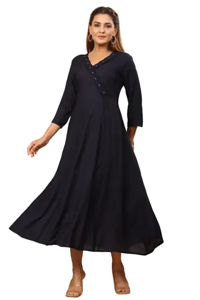 GN FASHION Stylish and Beautiful Embellished Gown | Three Quarter Sleeve V-Neck in Rayon Fabric | Long and Flared Stylised Floral Neck with Buttons