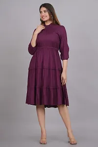 NG Creation Stylish and Beautiful Solid Flared Dress | HIGH Neck Three Quarter Ballon Sleeve in Rayon Fabric for Women Wine-thumb2