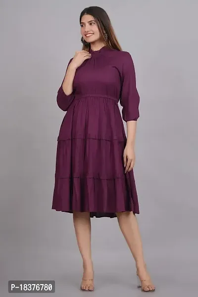 NG Creation Stylish and Beautiful Solid Flared Dress | HIGH Neck Three Quarter Ballon Sleeve in Rayon Fabric for Women Wine-thumb3