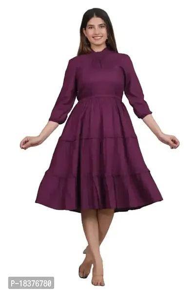 NG Creation Stylish and Beautiful Solid Flared Dress | HIGH Neck Three Quarter Ballon Sleeve in Rayon Fabric for Women Wine-thumb0