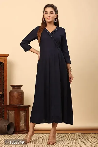 GN FASHION Stylish and Beautiful Embellished Gown | Three Quarter Sleeve V-Neck in Rayon Fabric | Long and Flared Stylised Floral Neck with Buttons-thumb3