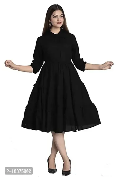 GN FASHION Stylish and Beautiful Solid Flared Dress | HIGH Neck Three Quarter Ballon Sleeve in Rayon Fabric for Women