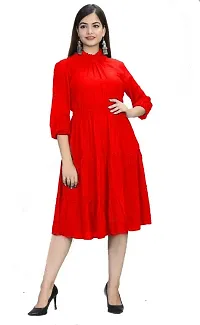 GN FASHION Stylish and Beautiful Solid Flared Dress | HIGH Neck Three Quarter Ballon Sleeve in Rayon Fabric for Women-thumb2