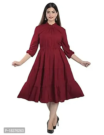 GN FASHION Stylish and Beautiful Solid Flared Dress | HIGH Neck Three Quarter Ballon Sleeve in Rayon Fabric for Women