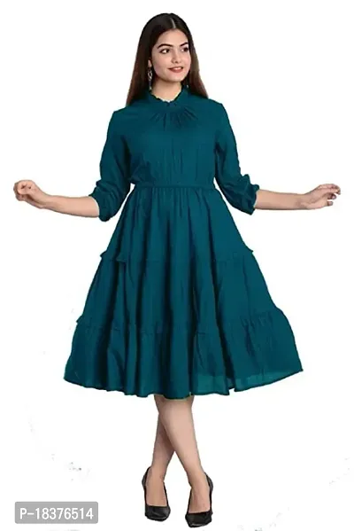 GN FASHION Stylish and Beautiful Solid Flared Dress | HIGH Neck Three Quarter Ballon Sleeve in Rayon Fabric for Women-thumb0