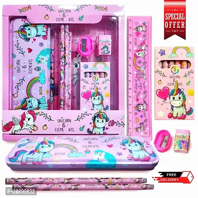 Unicorn Stationery Gift Kit Set for Kids Girl Combo Cartoon Unicorn Stationary Set Metal Geometry Pencil case,2 Reversible Sequin Pencils ,1 Eraser, 1 Scale, 1 Sharpener and 6in1 Crayon (Pink) Birthd