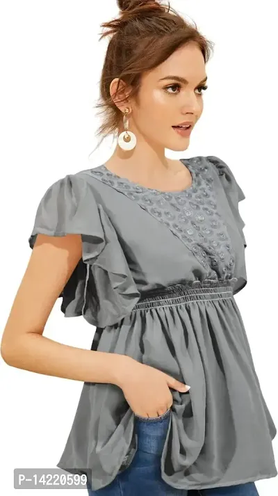 Exotic Women's Indo-Westernd Georgette Collarless Roundneck Regular Fit Short Sleeve A-Line Casual Solid Top