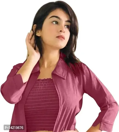 Exotic Women's Indo-Westernd Important Classic Collar Collared Regular Fit 3/4 Sleeve A-Line Casual Solid Top-thumb2