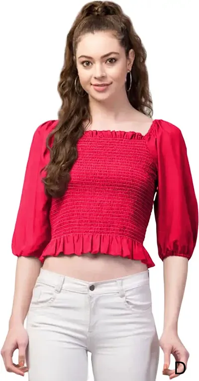 Exotic Women's Indo-Westernd Heavy Crepe Collarless SquareNeck Regular Fit 3/4 Sleeve A-Line Casual Solid Top