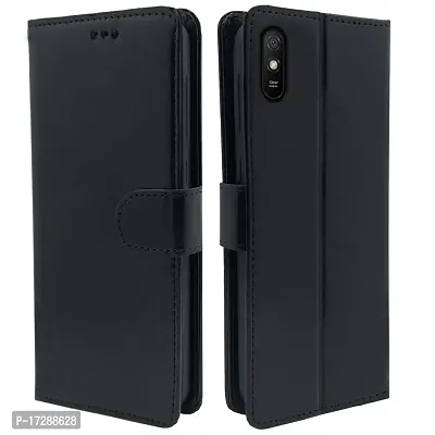 Blackpool Redmi 9A / 9i / 9A Sport Flip Cover Leather Finish | Inside TPU with Card Pockets | Wallet Stand and Shock Proof | Complete Protection Flip Case (Black)-thumb0