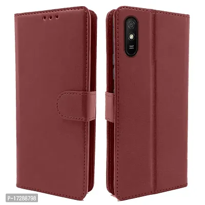 Blackpool Redmi 9A / 9i / 9A Sport Flip Cover Leather Finish | Inside TPU with Card Pockets | Wallet Stand and Shock Proof | Complete Protection Flip Case (Brown)