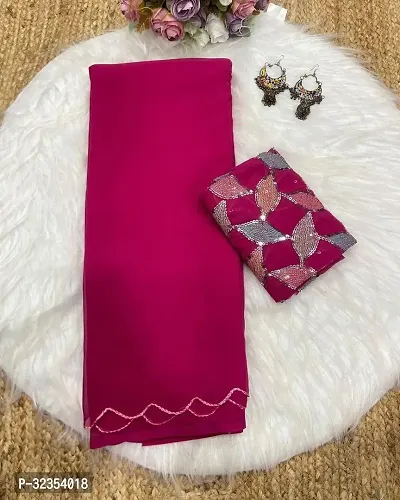 Stylish Georgette Pink Solid Saree with Blouse piece For Women-thumb0