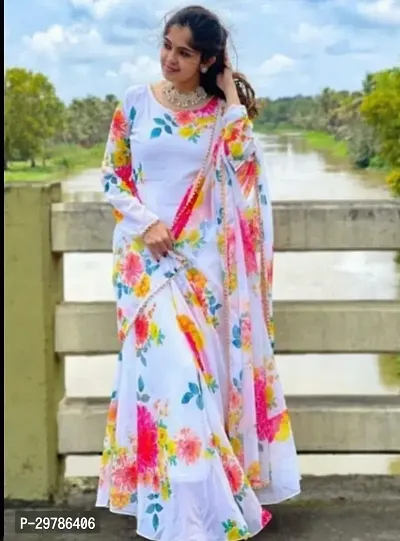 Fancy Printed Georgette Kurta With Dupatta For Women-thumb0