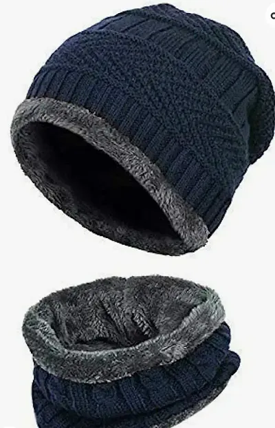 DAVIDSON Men's Woolen Cap with Neck Muffler/Neckwarmer Set of 2 Free Size for Men Women for snow winters and Cold Places and winters