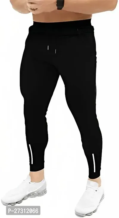 Stylish Black Lycra Spandex Solid Regular Track Pants For Men