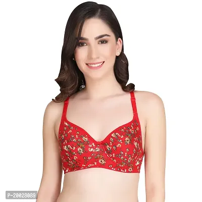 Cotton Full Cup Padded Non-Wired Printed Red Casual Bra & Panty