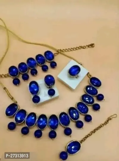Stylish Blue Alloy Necklace With Earrings And Maangtika Jewellery Set For Women-thumb0