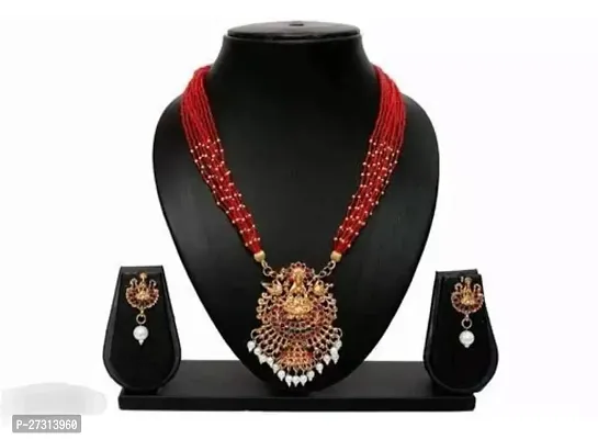 Stylish Red Alloy Necklace With Earrings Jewellery Set For Women-thumb0