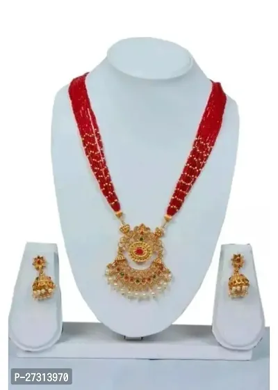 Stylish Golden Alloy Necklace With Earrings Jewellery Set For Women-thumb0