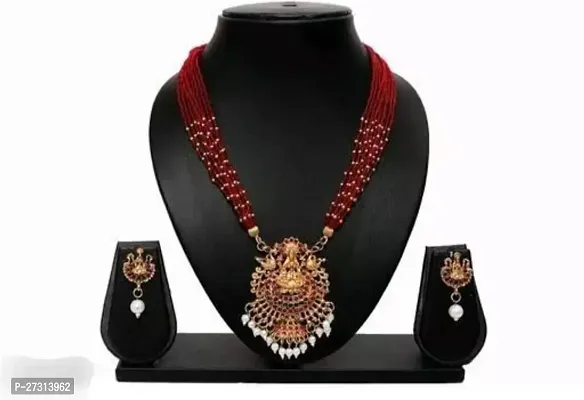 Stylish Red Alloy Necklace With Earrings Jewellery Set For Women-thumb0